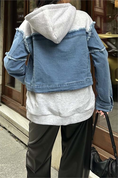 Kadın Kapüşonlu Jean Detaylı Fermuarlı Sweat HSZ031 