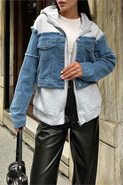 Kadın Kapüşonlu Jean Detaylı Fermuarlı Sweat HSZ031 