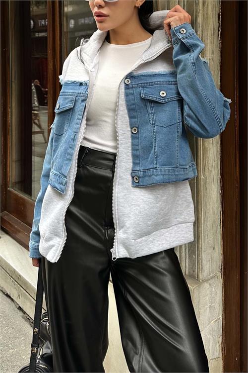 Kadın Kapüşonlu Jean Detaylı Fermuarlı Sweat HSZ031 