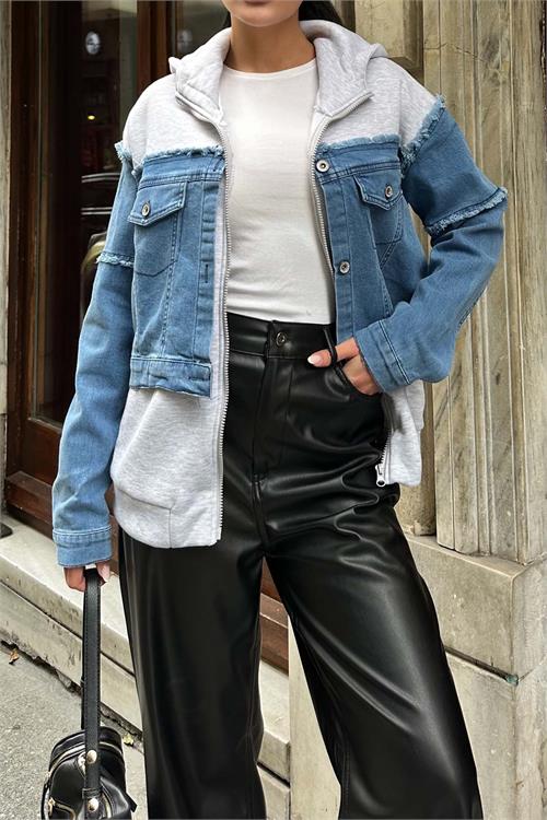 Kadın Kapüşonlu Jean Detaylı Fermuarlı Sweat HSZ031 