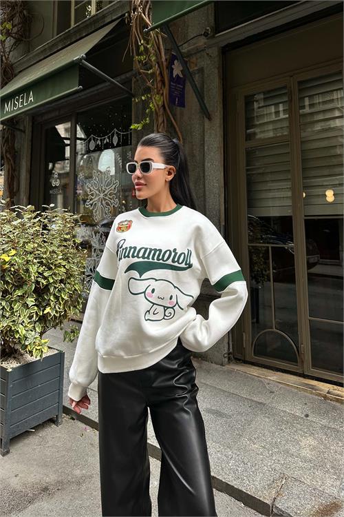 Kadın Ekru Baskılı Şardonlu 3 İplik Sweatshirt HSZ030 