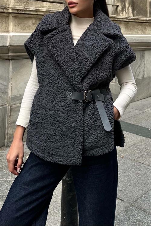 Kadın antrasit Oversize Kemerli Peluş Yelek HSZ032 