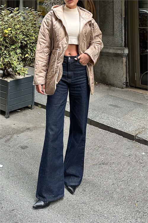 Kadın camel Kapitone Kapüşonlu Beli Bağcıklı şişme Mont HSZ024 