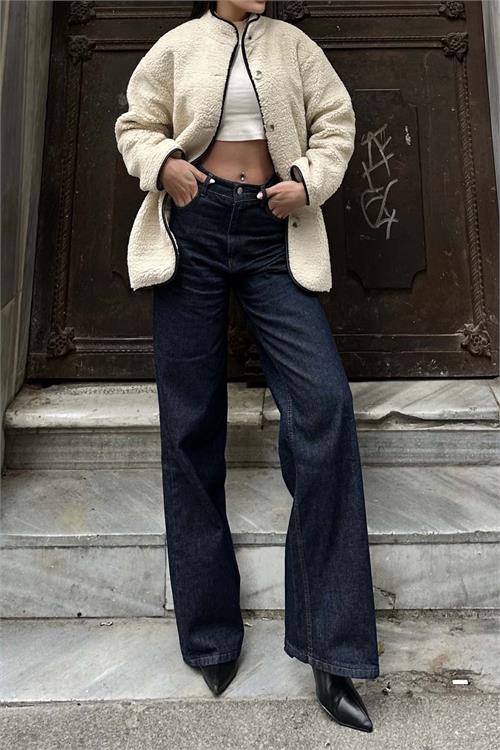 Kadın Bej Peluş Oversize Düğmeli Ceket HSZ026 