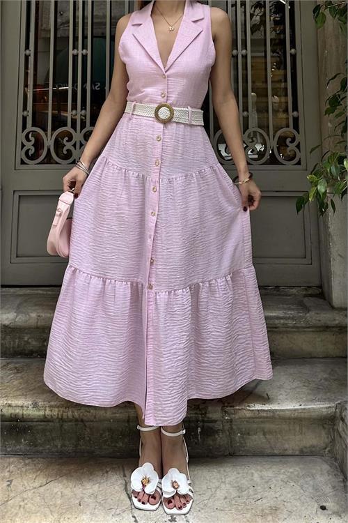 Kadın Pudra Keten Kemerli Düğmeli Midi Elbise – Katlı Etekli Yazlık Model HSZ020 