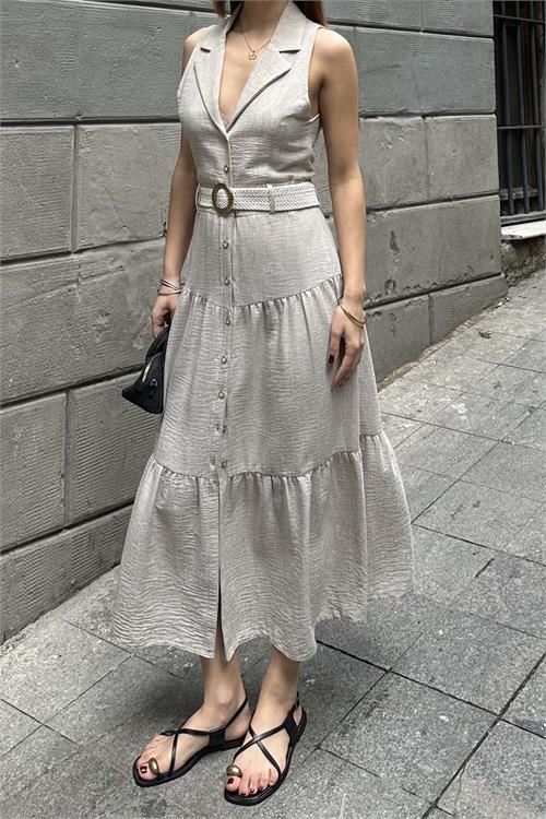 Kadın Vizon Keten Kemerli Düğmeli Midi Elbise – Katlı Etekli Yazlık Model HSZ020 