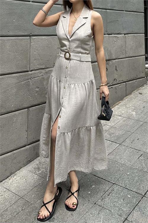 Kadın Vizon Keten Kemerli Düğmeli Midi Elbise – Katlı Etekli Yazlık Model HSZ020 