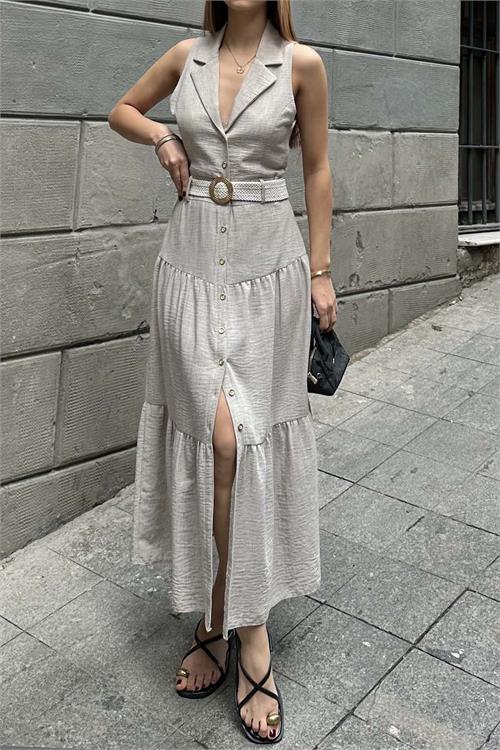 Kadın Vizon Keten Kemerli Düğmeli Midi Elbise – Katlı Etekli Yazlık Model HSZ020 
