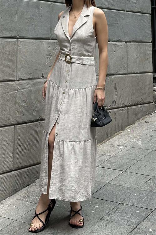 Kadın Vizon Keten Kemerli Düğmeli Midi Elbise – Katlı Etekli Yazlık Model HSZ020 