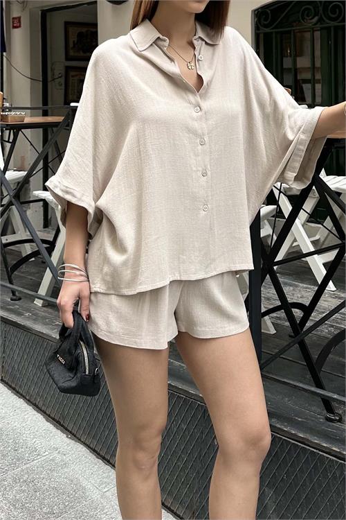 Kadın Bej Rengi Keten Görünümlü Gömlek Şort Takım – Yazlık Günlük Şık Kombin HSZ014 