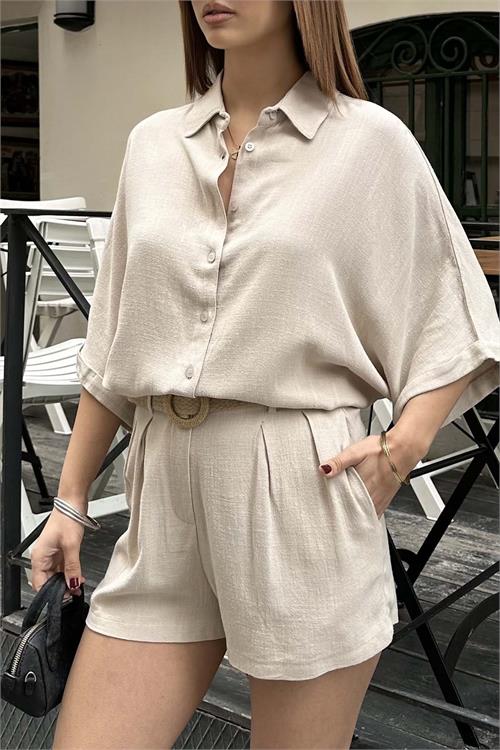 Kadın Bej Rengi Keten Görünümlü Gömlek Şort Takım – Yazlık Günlük Şık Kombin HSZ014 