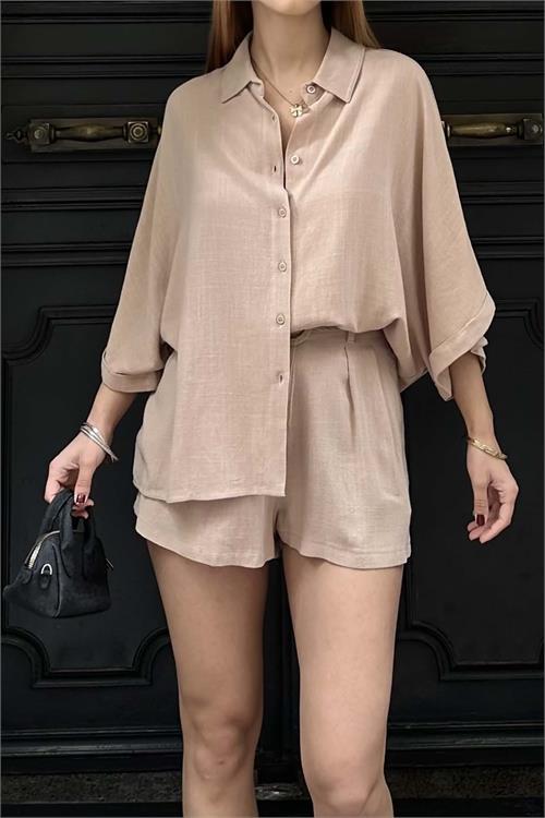 Kadın Pudra Rengi Keten Görünümlü Gömlek Şort Takım – Yazlık Günlük Şık Kombin HSZ014 