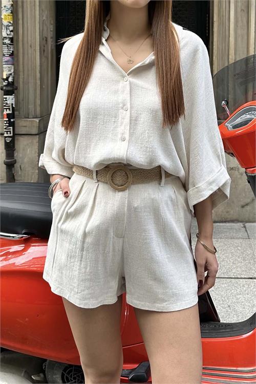 Kadın Taş Rengi Keten Görünümlü Gömlek Şort Takım – Yazlık Günlük Şık Kombin HSZ014 