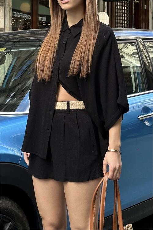 Kadın Siyah Rengi Keten Görünümlü Gömlek Şort Takım – Yazlık Günlük Şık Kombin HSZ014 