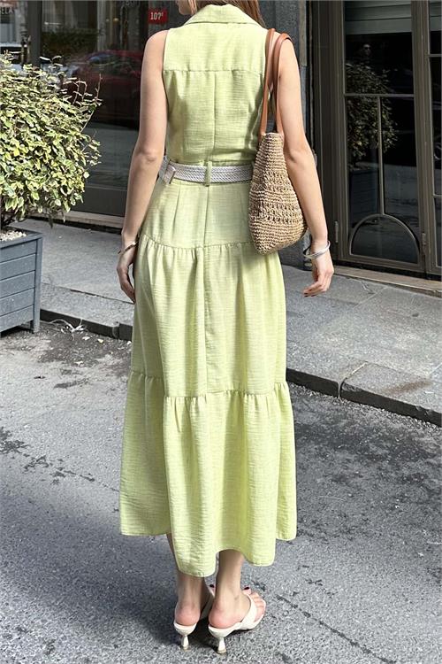 Kadın Sarı Keten Kemerli Düğmeli Midi Elbise – Katlı Etekli Yazlık Model HSZ020 