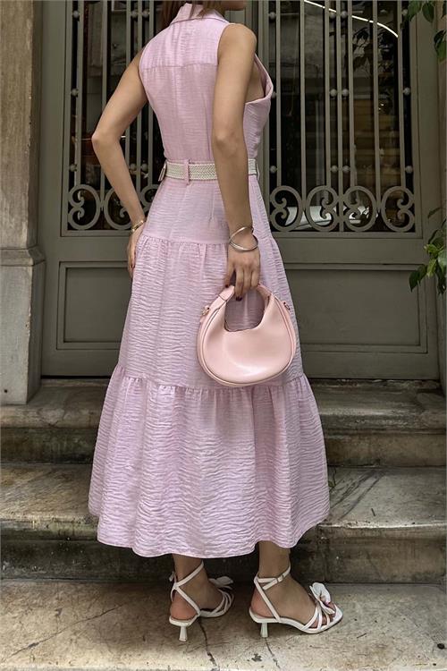 Kadın Pudra Keten Kemerli Düğmeli Midi Elbise – Katlı Etekli Yazlık Model HSZ020 