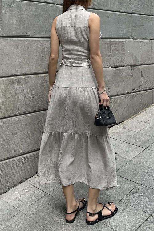 Kadın Vizon Keten Kemerli Düğmeli Midi Elbise – Katlı Etekli Yazlık Model HSZ020 