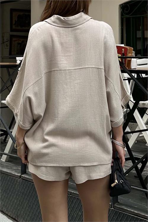 Kadın Bej Rengi Keten Görünümlü Gömlek Şort Takım – Yazlık Günlük Şık Kombin HSZ014 