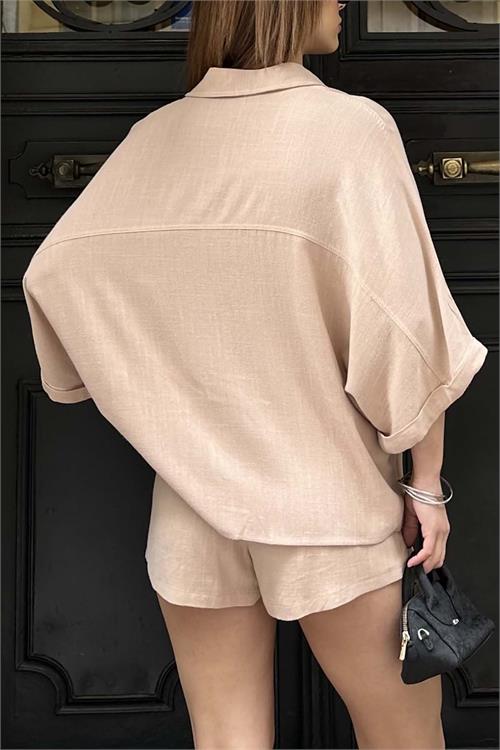 Kadın Pudra Rengi Keten Görünümlü Gömlek Şort Takım – Yazlık Günlük Şık Kombin HSZ014 