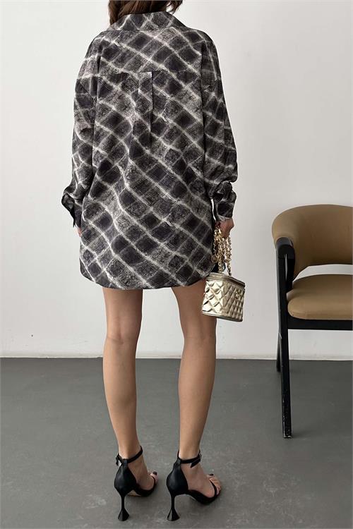 Kadın Gri desenli Etek Gömlek Takım Kemer Aksesuarlı HSZ038 