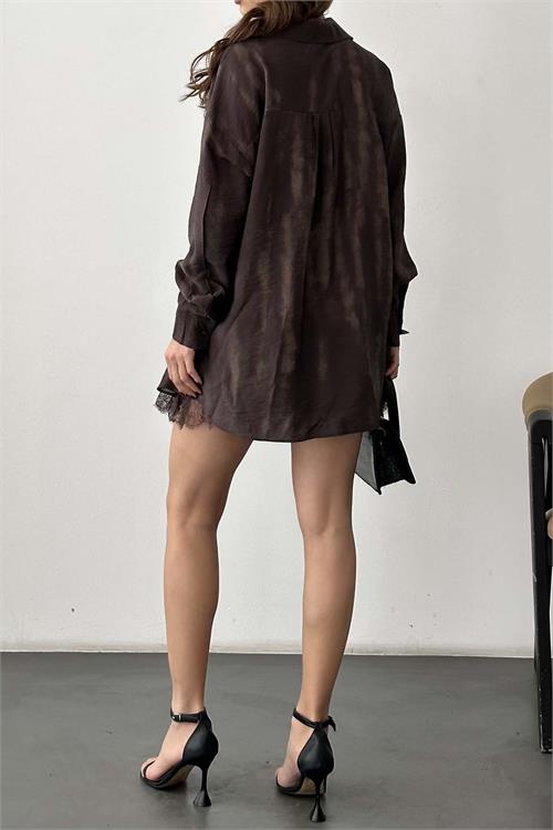 Kadın Kahverengi desenli Etek Gömlek Takım Kemer Aksesuarlı HSZ040 