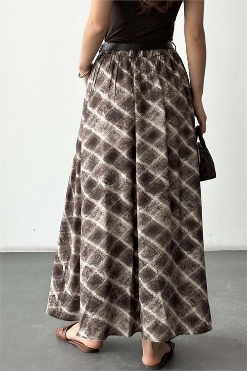 Kadın Kahverengi Kare Desenli Maxi Etek – Kemerli Cepli HSZ036 