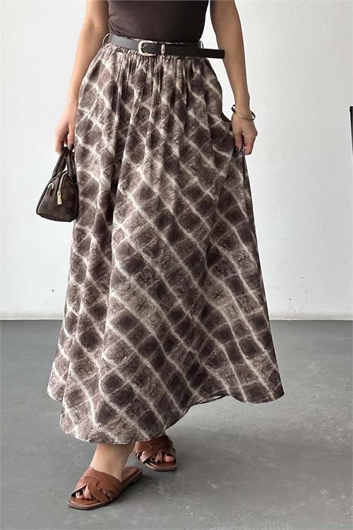 Kadın Kahverengi Kare Desenli Maxi Etek – Kemerli Cepli HSZ036 