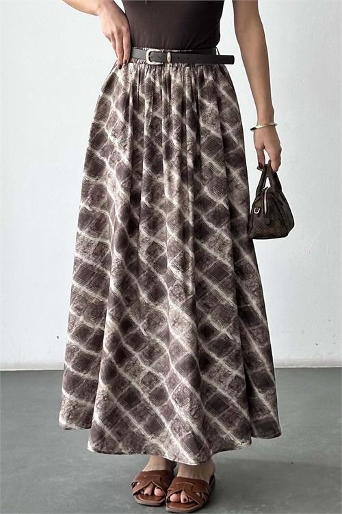 Kadın Kahverengi Kare Desenli Maxi Etek – Kemerli Cepli HSZ036 