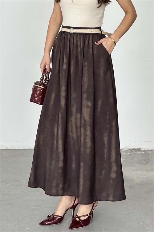 Kadın Kahverengi Desenli Kemerli Uzun Etek - HSZ037 