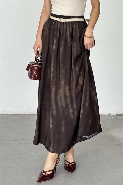 Kadın Kahverengi Desenli Kemerli Uzun Etek - HSZ037 