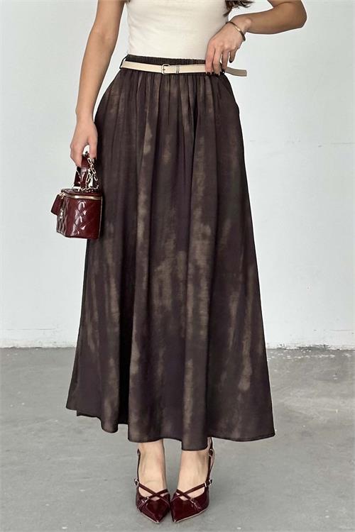 Kadın Kahverengi Desenli Kemerli Uzun Etek - HSZ037 