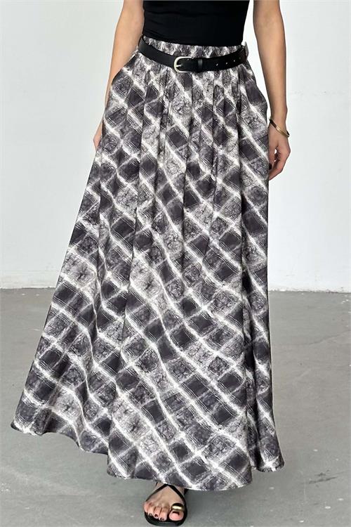 Kadın Gri Kare Desenli Maxi Etek – Kemerli Cepli HSZ036 
