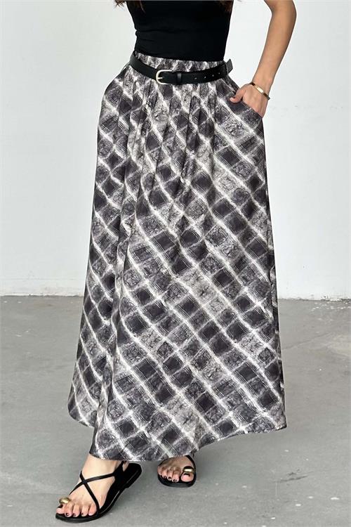 Kadın Gri Kare Desenli Maxi Etek – Kemerli Cepli HSZ036 