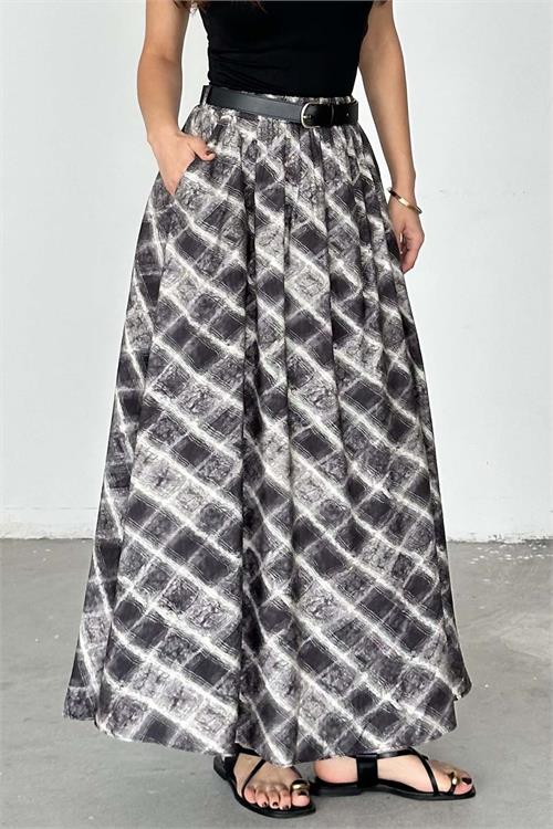 Kadın Gri Kare Desenli Maxi Etek – Kemerli Cepli HSZ036 