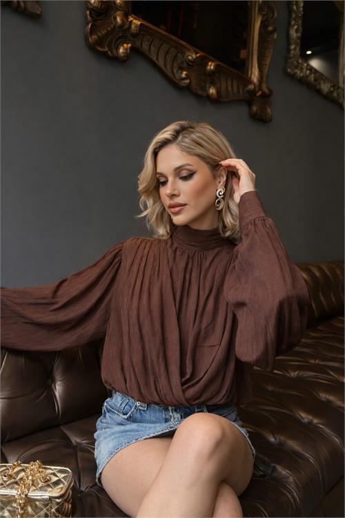Kadın Kahverengi Drapeli Modal Bluz Balıkçı Yaka Uzun Kollu HSZ058 