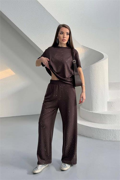 Kadın Kahverengi Taş Serpme Detaylı Tişört Pantolon Takım Cepli Rahat Kalıp HSZ042 
