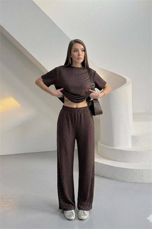 Kadın Kahverengi Taş Serpme Detaylı Tişört Pantolon Takım Cepli Rahat Kalıp HSZ042 