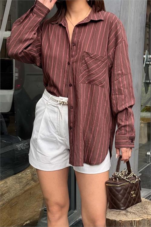 Kadın Kahverengi Çizgili Oversize Gömlek Düğmeli Cepli Uzun Kollu HSZ062 