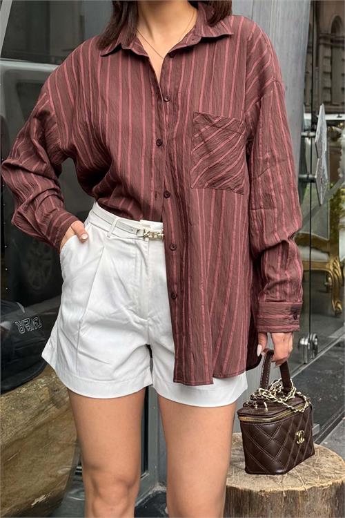 Kadın Kahverengi Çizgili Oversize Gömlek Düğmeli Cepli Uzun Kollu HSZ062 