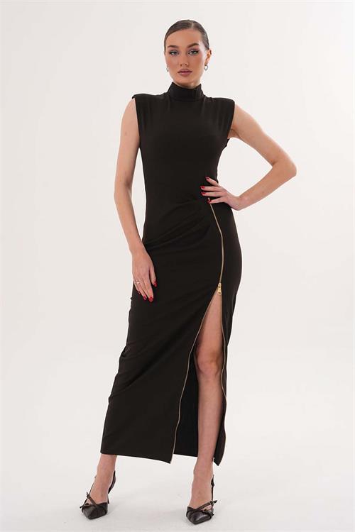 Kadın Kahverengi Poli Viskon Kumaş Fermuar Detaylı Yırtmaçlı Dik Yaka Uzun Elbise HSZ071 