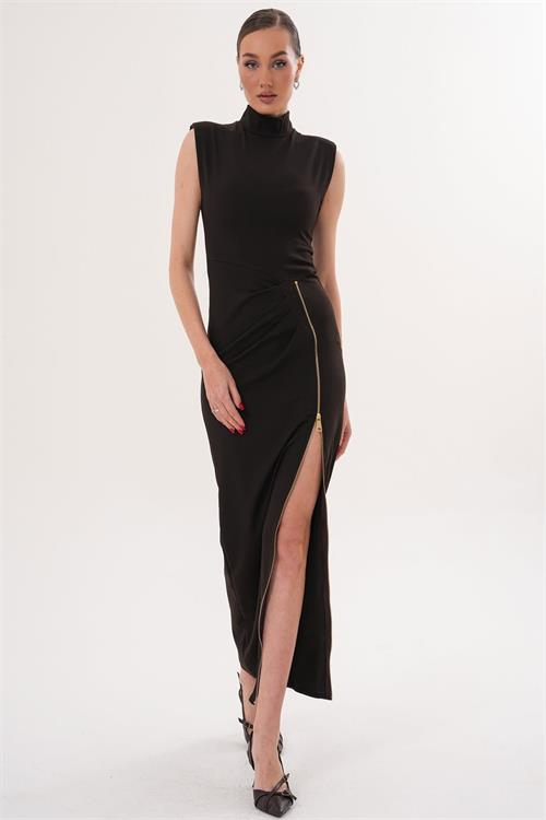 Kadın Kahverengi Poli Viskon Kumaş Fermuar Detaylı Yırtmaçlı Dik Yaka Uzun Elbise HSZ071 