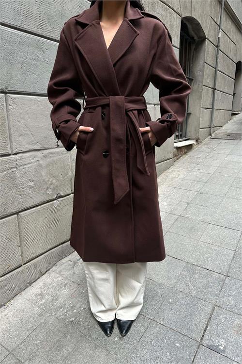 Kadın Kahve Kuşaklı Kruvaze Yaka Uzun Kaşe Kaban HSZ001 