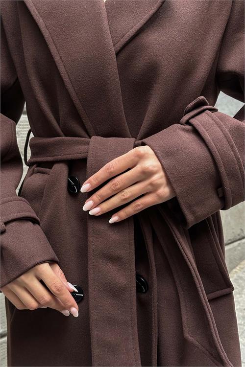 Kadın Kahve Kuşaklı Kruvaze Yaka Uzun Kaşe Kaban HSZ001 