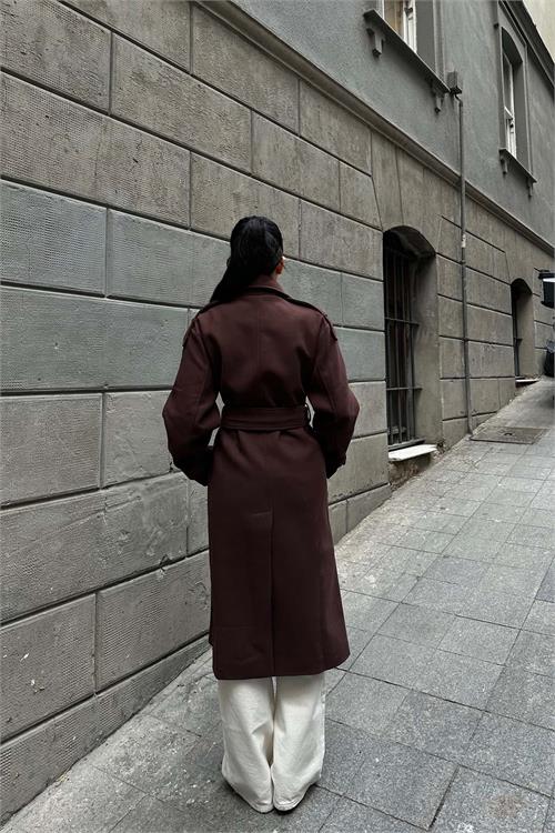 Kadın Kahve Kuşaklı Kruvaze Yaka Uzun Kaşe Kaban HSZ001 