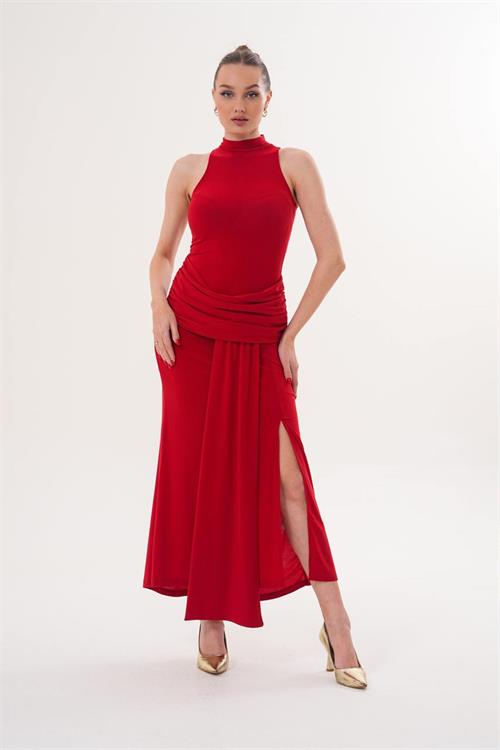 Kadın Kırmızı Drapeli Kuyruk Detaylı Yüksek Yaka Uzun Sandy Kumaş Elbise HSZ067 
