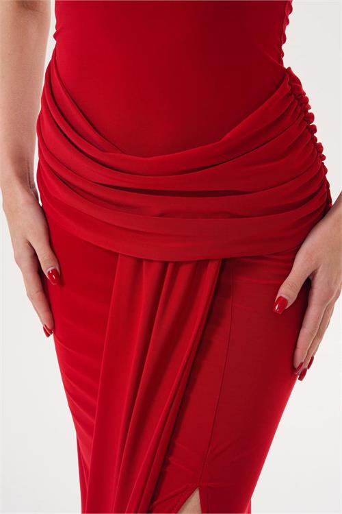 Kadın Kırmızı Drapeli Kuyruk Detaylı Yüksek Yaka Uzun Sandy Kumaş Elbise HSZ067 