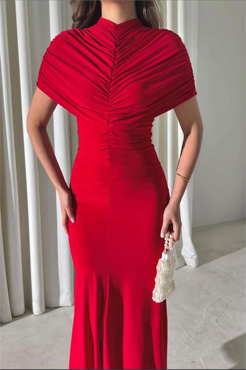 Kadın Kırmızı Büzgü Detaylı Yüksek Yaka Uzun Sandy Kumaş Elbise HSZ066 