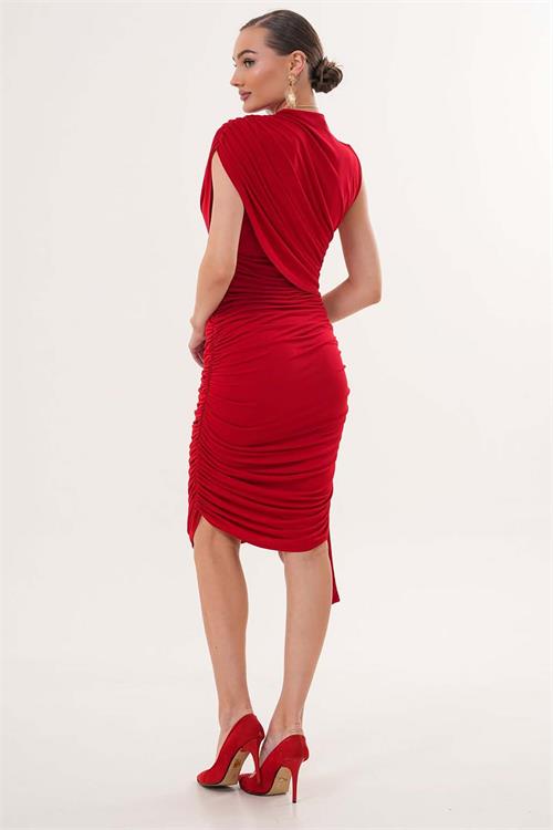 Kadın Kırmızı Drapeli Kuyruk Detaylı Tek Omuz Sandy Kumaş Elbise HSZ069 