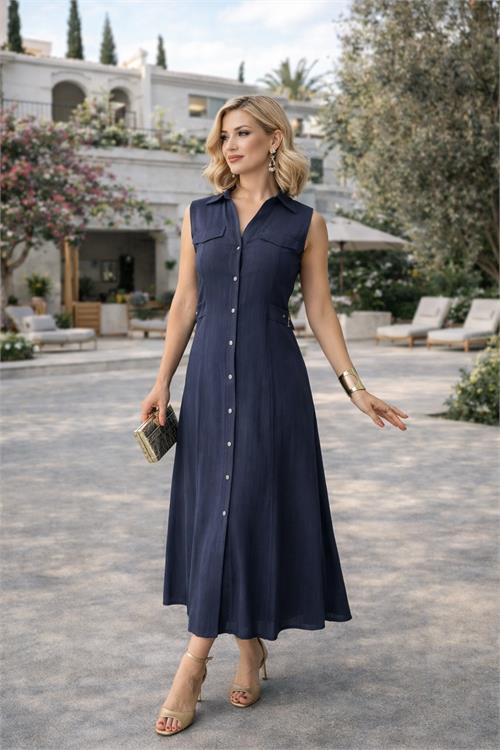 Kadın Lacivert Keten Kumaş Apoletli Düğmeli Midi Elbise HSZ051 