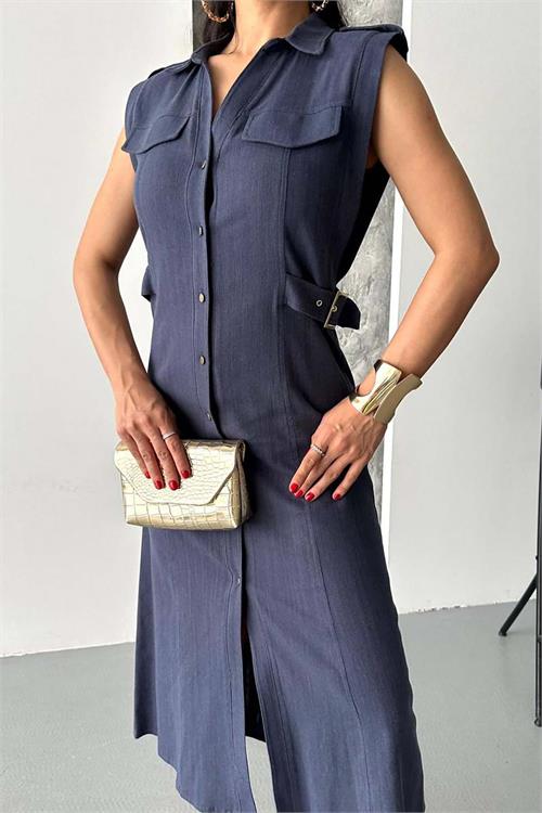 Kadın Lacivert Keten Kumaş Apoletli Düğmeli Midi Elbise HSZ051 